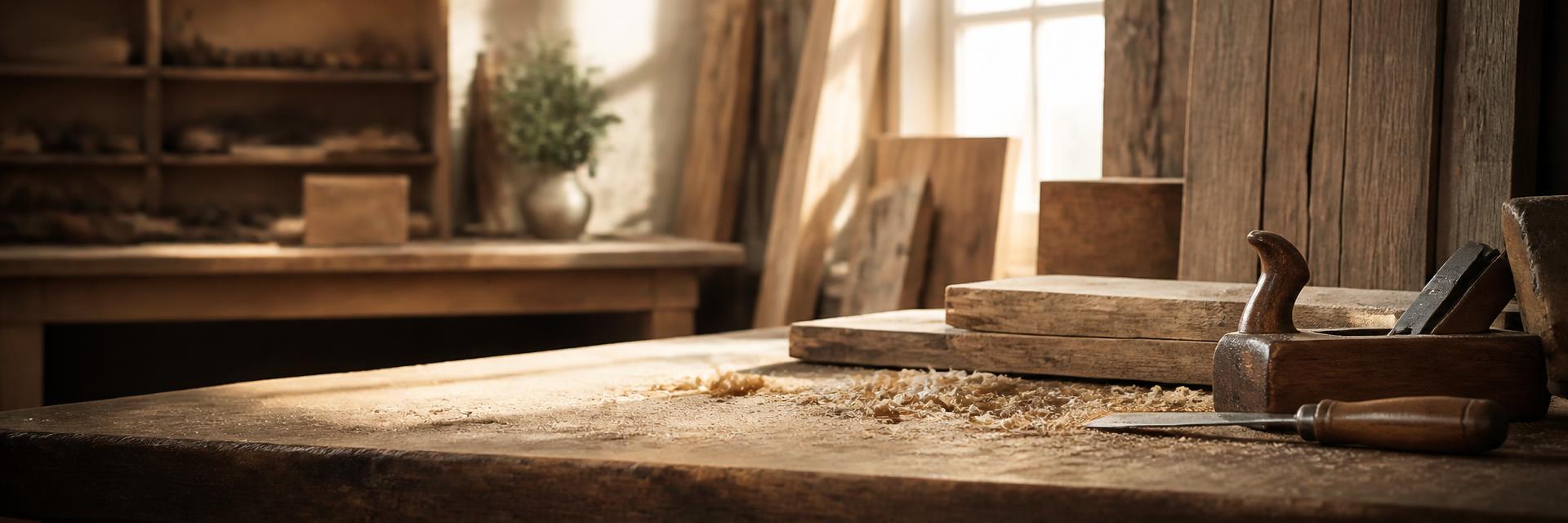 Warm woodworking shop scene for The Artisans Outreach monthly raffle